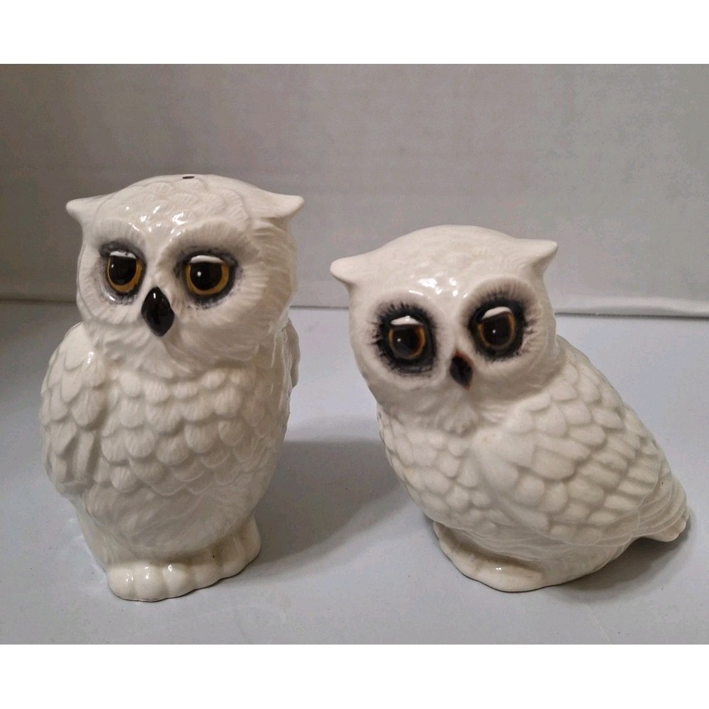 Edie Rose House Ehite Owl Salt & Pepper‎ Shakers Winter Cabin Collectible